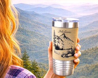 Engraved Mountains on Leatherette Wrapped Travel Tumbler, 20 oz. Coffee Mug