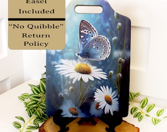 Butterfly Daisies Kitchen Decor, Environmentally Friendly Handled Bamboo Cutting Board Decorated with UV Ink with Unique Butterfly & Daisies