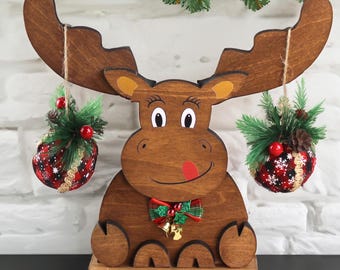 Rustic Wooden Moose, Modern Christmas Farmhouse Decor, Fireplace Mantel Decoration, Tabletop Centerpiece
