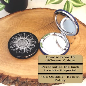 Engraved Sunflower Leatherette Women&#39;s Compact Mirror, Custom Bridesmaid Wedding Gift,  Perfect Birthday or Mother&#39;s Day Gift or Favors