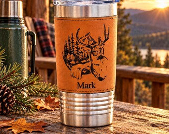 Hunting Gift for Husband, Personalized Deer Hunter Tumbler, Laser Engraved 20oz Leatherette Travel Mug, Birthday Gift for Him