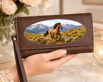 Womens Leatherette Horse Clutch Wallet, Mountain Meadow Wristlet, Rfid Blocking, Equestrian Western Keepsake, Cowgirl Birthday Gift For Her