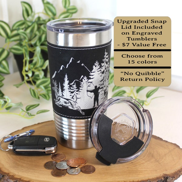 Bow Hunters Gift on Leather wrapped travel mug, Deer Coffee Mug, Perfect Deer Hunter Gift for Mother / Father's Day, Great Gifts for Hunters