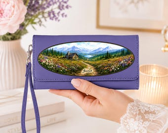Personalized Womens Hiking Lovers Wallet, Wildflower Floral Wristlet, Mountain Valley Rfid Blocking Clutch, Country Landscape Keepsake Gift
