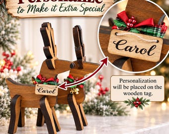 Personalized Wooden Reindeer Set of 2, Rustic Christmas Tabletop Decor, Custom Name Mantel Figurines, Brown or Antique White