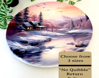 Winter Cabin Round Wood Lazy Susan/Turntable adorned with great Cabin & stream in the Winter Design to Personalize and dress up your Table.