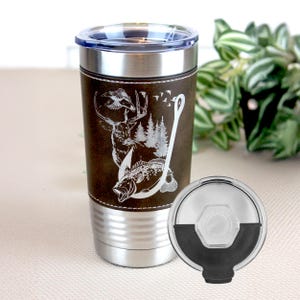 Engraved Deer in Mountains with Bass Fish, Ducks and Hook on Leatherette wrapped travel mug. Outdoorsman Hunting & Fishing Gift - 1 Tumbler