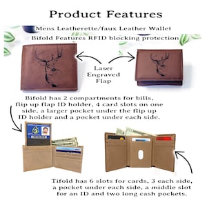 May include: A brown leatherette bifold and trifold wallet set featuring a laser-engraved deer head on the exterior flap. The bifold includes two bill compartments, a flip-up ID holder, and four card slots. The trifold has six card slots and two cash pockets.