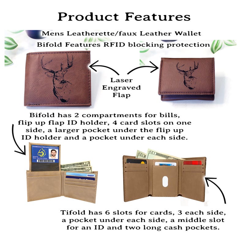 May include: A brown leatherette bifold and trifold wallet set featuring a laser-engraved deer head on the exterior flap. The bifold includes two bill compartments, a flip-up ID holder, and four card slots. The trifold has six card slots and two cash pockets.