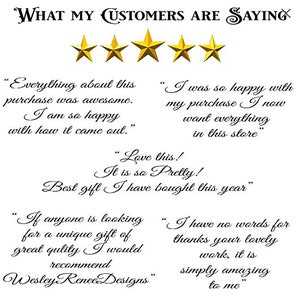 May include: Five gold stars with the text "WHAT MY CUSTOMERS ARE SAYING" above them.  Below the stars are four customer reviews in cursive writing.
