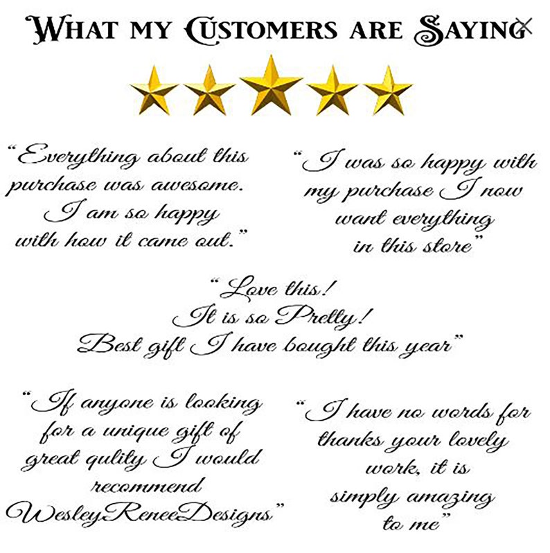 May include: Five gold stars with the text "WHAT MY CUSTOMERS ARE SAYING" above them.  Below the stars are four customer reviews in cursive writing.