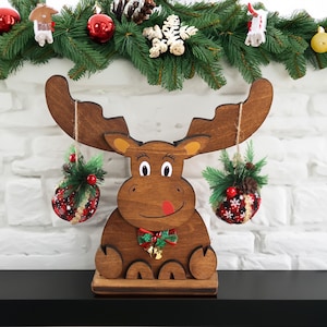 Rustic Wooden Moose, Modern Christmas Farmhouse Decor, Fireplace Mantel Decoration, Tabletop Centerpiece