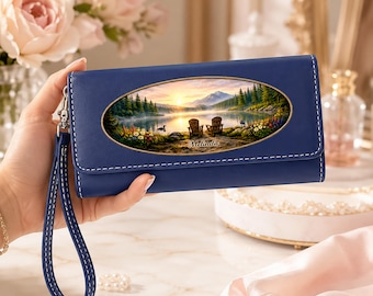 Personalized Womens Clutch Wallet, Mountain Sunset, Rfid Blocking, Wildflower and Lake Scene Gift, Rustic Adventure Keepsake For Her