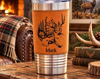 Personalized Hunting Tumbler for Grandpa, Engraved Deer Travel Mug, Custom Name 20oz Leatherette Cup, Birthday Gift for Papa Hunter