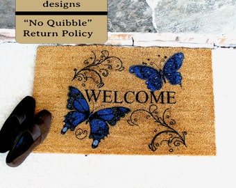 Personalized Welcome Blue Butterfly Doormat with 2 Butterflies Natural Coir Door Mat 18" x 30", Welcome Door Mat, Perfect Housewarming Gift