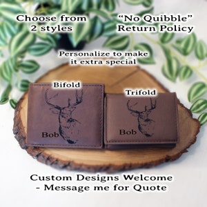 Men's Leather Bifold/Trifold Hunting Wallet - Bifold with flip ID Display. Perfect Hunter's gift. Deer Profile Engraved. Deer Head Wallet