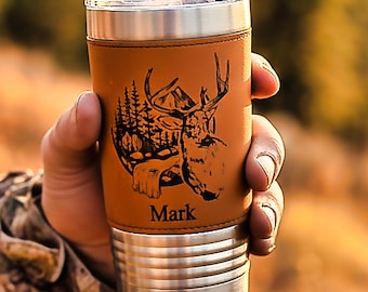 Engraved Deer in the Mountains or Deer Head on Leather wrapped travel mug, Deer Coffee Mug, Perfect Hunter Gift Father's Day Gift-1 Tumbler