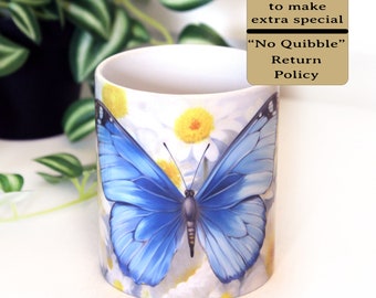 Blue Butterfly Ceramic Coffee Mugs are Dishwasher and Microwave Safe, Blue Butterfly Design on White Daisies Garden, Choose 11 or 15 oz Mug