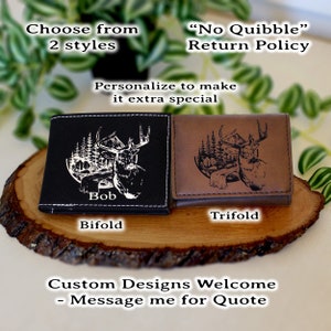 Men's Leather Bifold/Trifold Hunting Wallet. Perfect Hunter's gift. Deer in the Mountains. Engraved Hunting Art. Mountain Hunting.
