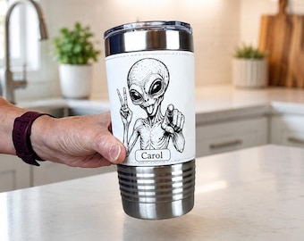 Cool Funny Alien Tumbler, Black White Sci Fi Travel Mug, Extraterrestrial Sketch Drinkware, Stainless Steel Cup, Space Lover Gift Keepsake