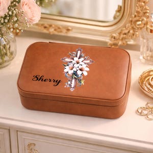 Large Travel Jewelry Case – Christian Cross Print with Lilies, Faux Leather, Personalized Zip Organizer with Mirror