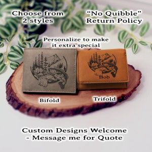 Men's Leather Bifold/Trifold Fishing Wallet. Perfect Fisherman's gift. Large Mouth Bass. Engraved Fishing Art. Engraved Mountain Fishing.