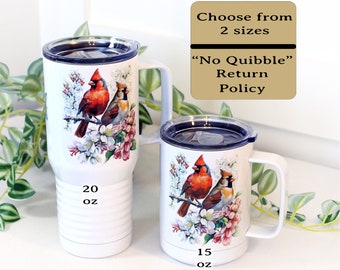 Beautiful Spring Cardinal Design Decorate this Insulated Handled 20 oz Travel Tumbler with Artistic Cardinals & Flowers/Can be Personalized