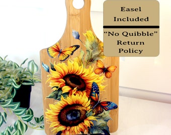 Sunflowers & Butterflies Kitchen Decor, Personalized Bamboo Wood  Sunflower Paddle Cutting Board is a great Environmentally Friendly Gift