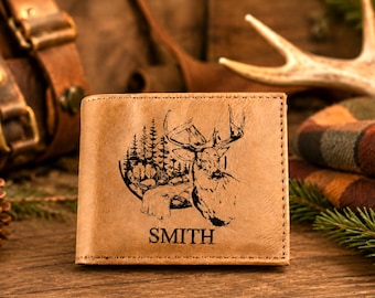 Men's Leather Bifold/Trifold Hunting Wallet. Perfect Hunter's gift. Deer in the Mountains. Engraved Hunting Art. Mountain Hunting.