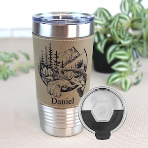 Fly Fishing Gifts, Leather wrapped travel mug, Fishing Coffee Mug, Perfect Fishing Gift for Birthday, Great Gift, Bass / Trout - 1 Tumbler
