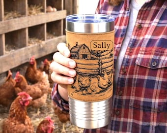 Farm Chickens Engraved 20 oz Travel Tumbler – Personalized Leatherette Wrap, Custom Name Coffee Mug, Perfect Chicken Lover Gift