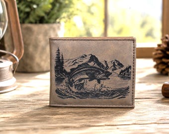 Engraved Fishing Wallet, Rustic Mountain Lake Bass Billfold, Men's Personalized Leatherette, Bifold Trifold Outdoor  Dad Gift Keepsake
