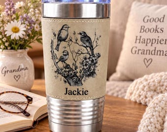 Personalized Bird Lovers Gift for Grandma, Cherry Blossom Leatherette Tumbler, Engraved Travel Mug, Nana Floral Coffee Cup, Mother's Day