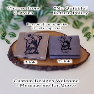 Men's Leather Bifold/Trifold Hunting & Fishing Wallet. Perfect Hunting/Fisherman's gift. Large Mouth Bass Jumping thru Fish Hook with Deer