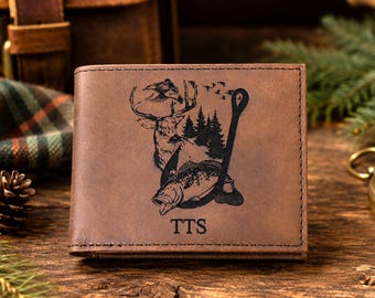 Men's Leather Bifold/Trifold Hunting & Fishing Wallet. Perfect Hunting/Fisherman's gift. Large Mouth Bass Jumping thru Fish Hook with Deer