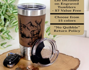 Personalized deer hunting tumbler, engraved deer hunting, Polar Camel, faux leather travel mug, outdoors coffee mug, family hunting gift