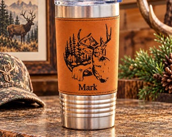 Personalized Hunting Gift for Dad, Deer Hunter Tumbler, Laser Engraved 20oz Leatherette Travel Mug, Father's Day Coffee Cup Gift