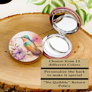 UV Decorated Ruby Throated Hummingbird Leatherette Women's Compact Mirror, Custom Bridesmaid Gift,  Perfect Birthday or Mother's Day Gift