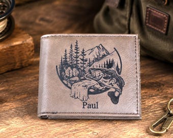 Men's Leather Bifold/Trifold Fishing Wallet. Perfect Fisherman's gift. Large Mouth Bass. Engraved Fishing Art. Engraved Mountain Fishing.