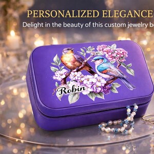 Spring Birds and Flowers Travel Jewelry Case – Floral Faux Leather Zip Organizer with Mirror, Personalized Name
