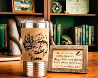 Retirement Gift for Fisherman, Personalized Fishing Tumbler for Him, Custom Retiree Cup, Rustic Outdoorsman Gift