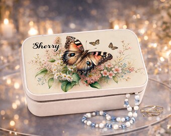 Personalized Butterfly Jewelry Box Keepsake, Custom Name Travel Jewelry Case, Floral Jewelry Organizer, Gift for Her, Bridesmaid Gift Box
