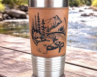 Personalized Fishing Gift for Dad, Engraved Fishing Tumbler, Mountain Fish Travel Mug, 20 oz Leatherette Coffee Cup for Father