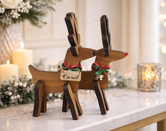 Rustic Wooden Christmas Reindeer Set of 2, Modern Farmhouse Decor, Antique White or Brown, Fireplace Mantel Decoration, Tabletop Centerpiece