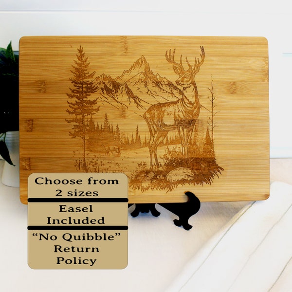 Deer in the Mountains Bamboo Cutting Board is an Engraved Large / Small Board with a Wonderful Design Geared towards Hunters & Nature Lovers