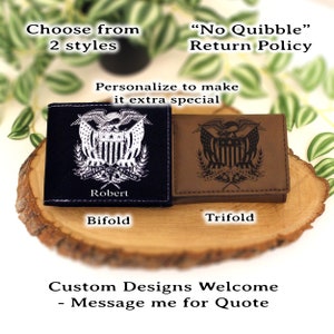 Men's Leather Bifold/Trifold Patriotic Wallet. Perfect Patriotic gift. United We Stand Eagle with American Flag Engraved on the Wallet Front