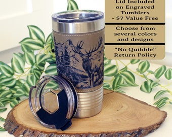 Personalized elk hunting tumbler, engraved elk hunting gift, mountain woodlands, Polar Camel, faux leather travel mug, outdoors coffee mug