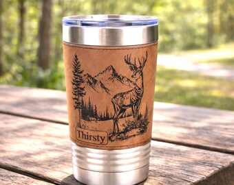 Personalized Deer Hunting Gift for Dad, Engraved Travel Tumbler, Leatherette Travel Mug, 20 oz Insulated Coffee Cup for Outdoorsman