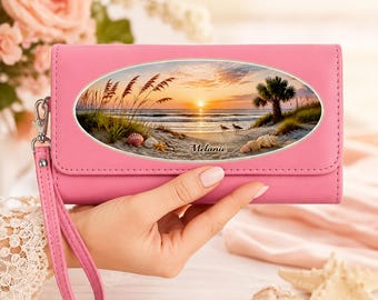 Personalized Beach Sunset Clutch Wallet, Coastal Carolina Ocean Wristlet, Rfid Blocking, Seaside Nature Keepsake, Beach Lover Gift For Her