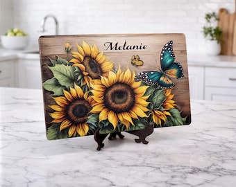 Sunflower Kitchen Decor, Sunflowers and Butterflies Brighten up your Kitchen Decor with this Environmentally Friendly Bamboo Cutting Board